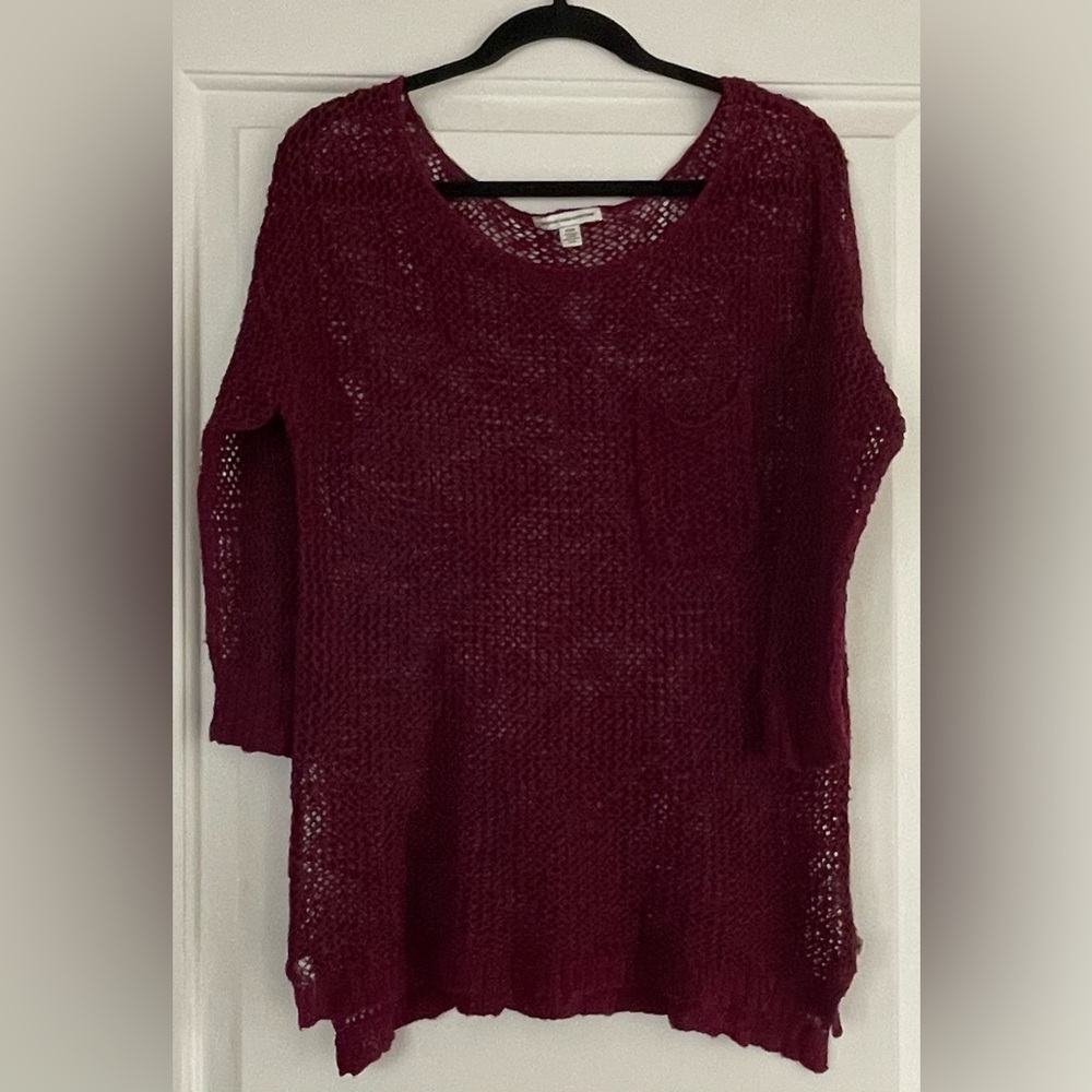 American Eagle Outfitters Deep Red/Maroon Crew Neck Mesh-Like Sweater